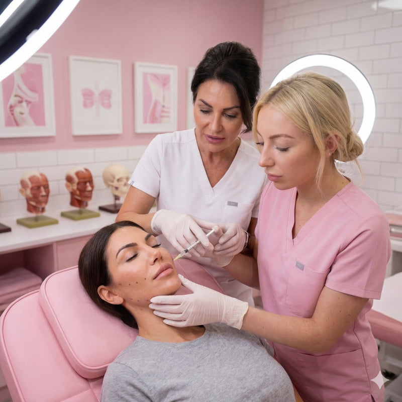 Facial aesthetics training in action with real hands on practice, learning filler techniques on a model at moon aesthetics academy 